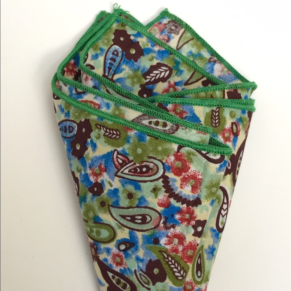 Green Paisley & Floral Cotton Blend Pocket Square